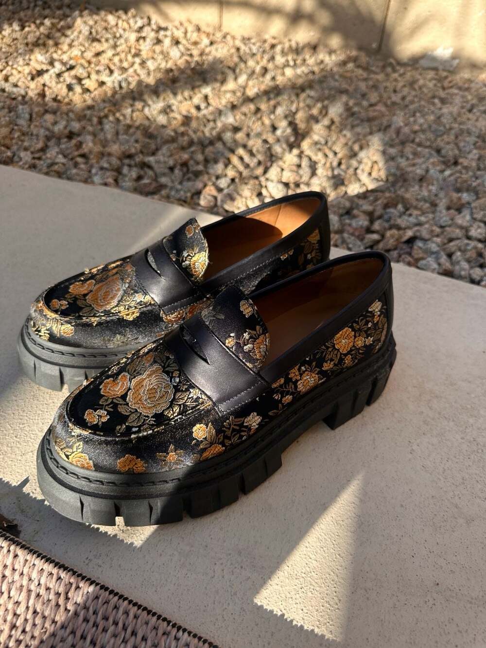 Taft Women's Flora Chunky Penny Loafer in Black Floral Jacquard